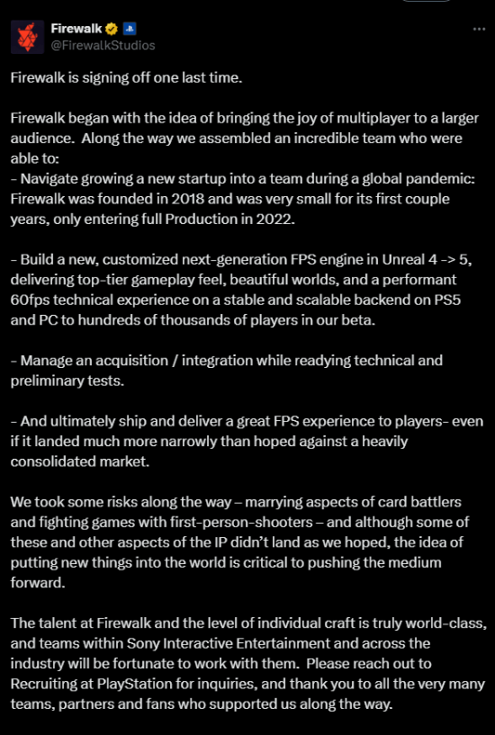 被索尼關(guān)閉！《星鳴特攻》開發(fā)商發(fā)文告別：我們的團(tuán)隊很優(yōu)秀