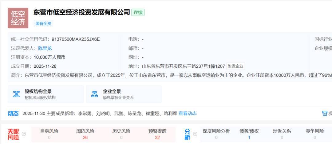 注冊資本1億元 東營市低空經濟投資發展有限公司成立